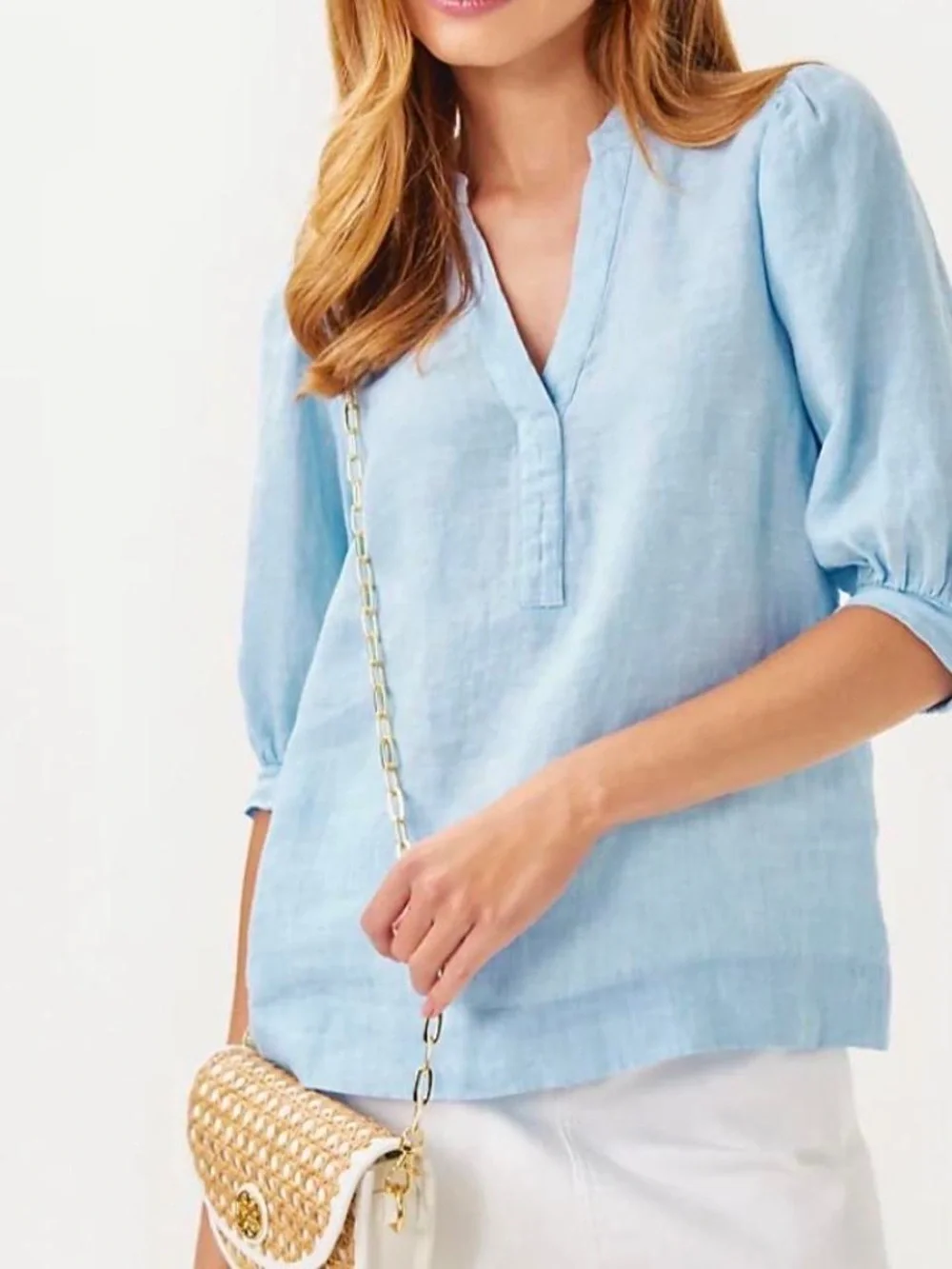 Lilly Pulitzer Mialeigh Linen Top Hydra Blue Puff Sleeve NWT Size 16